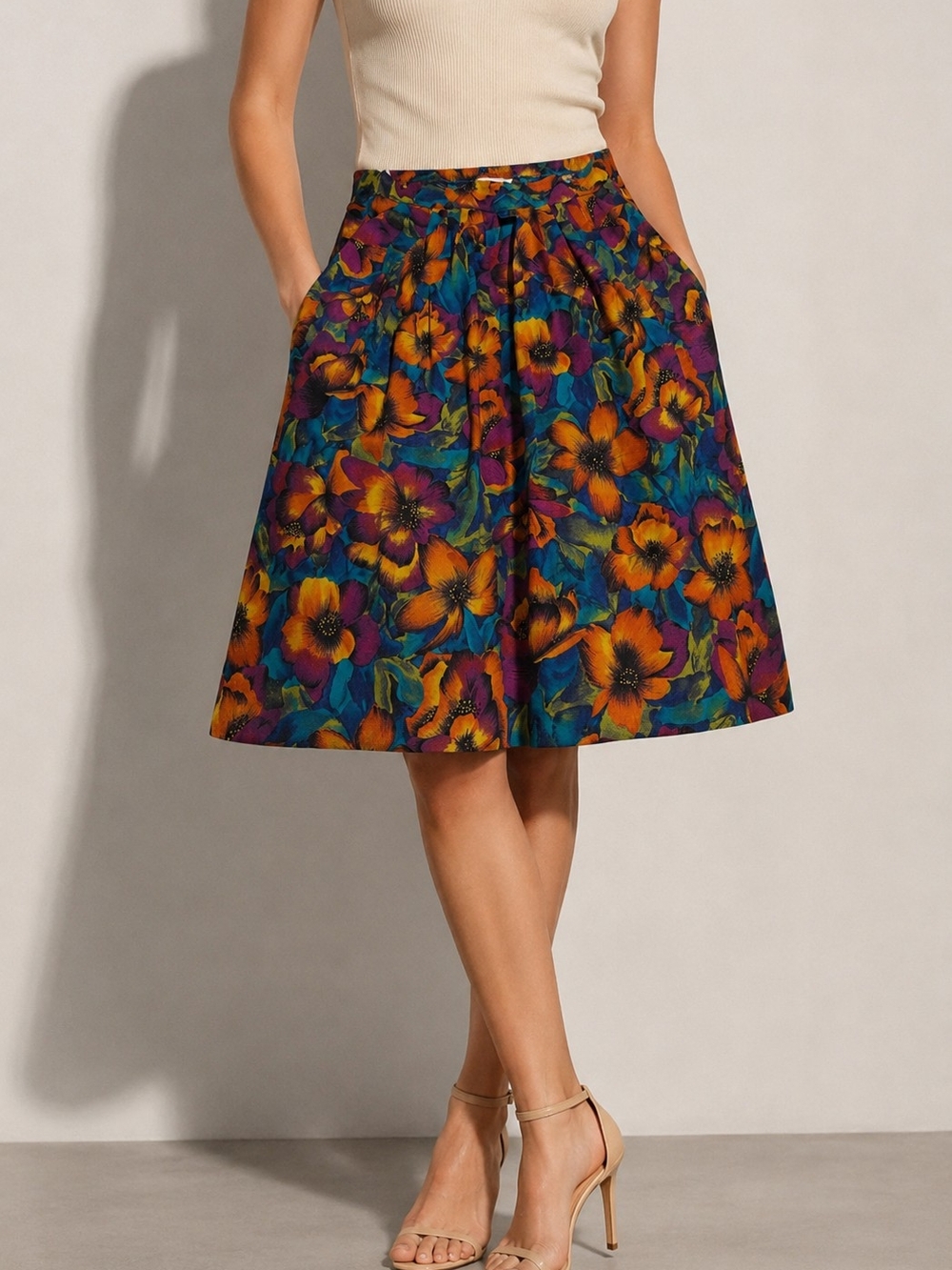 Vintage Partners Mervyns Floral A-Line Skirt Orange Purple M